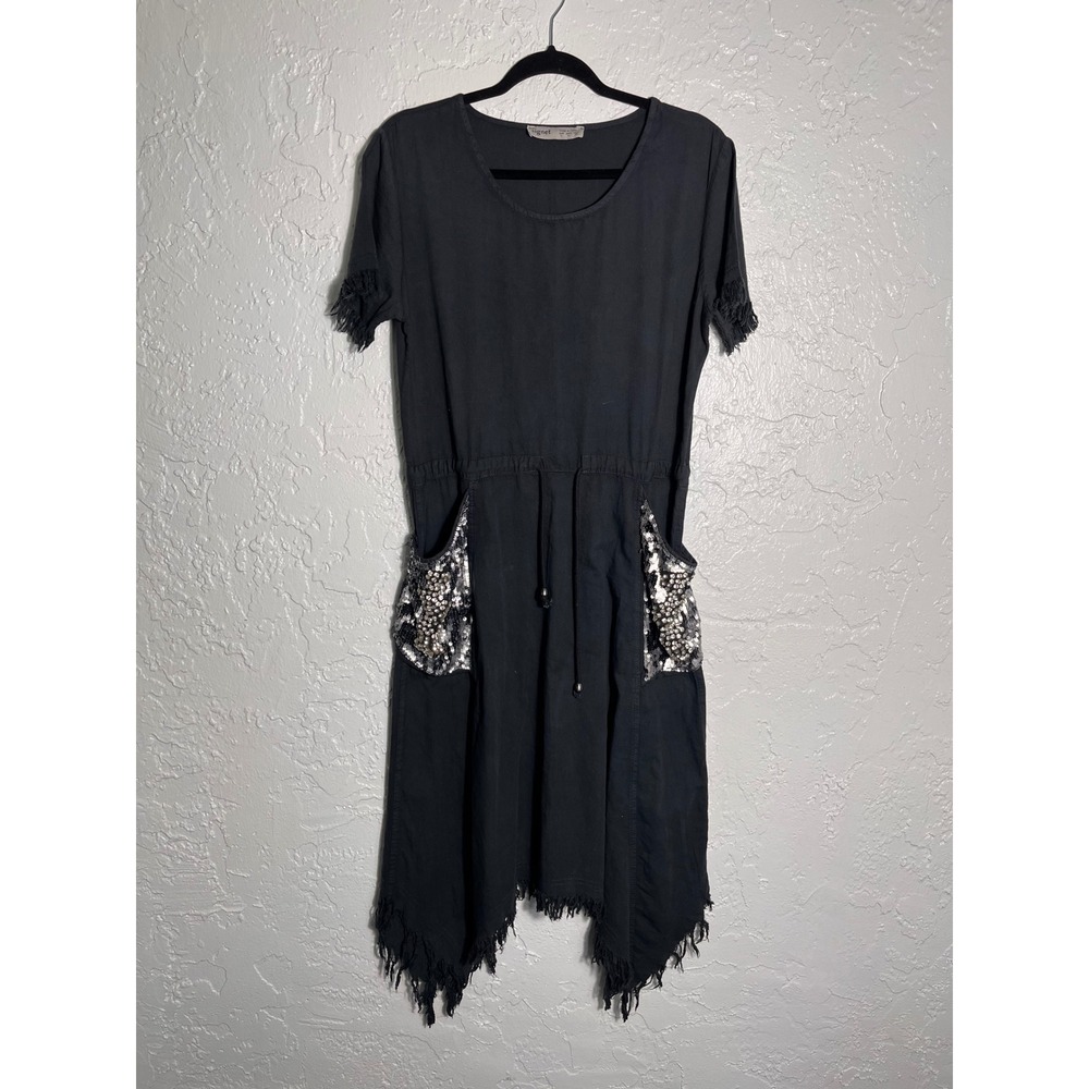 Signet Black Sequin Pocket Frayed Hem Sharkbite Midi‎ Dress Womens Large Boho
